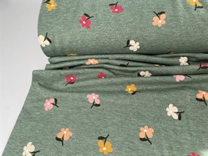 Bomuldsjersey - tøse farvede blomster i old green, rest på 1,7 m